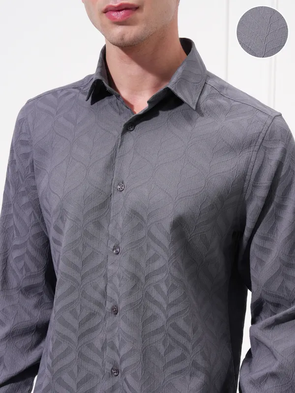 Highlander Men Grey Self Design Slim Fit Casual Shirt