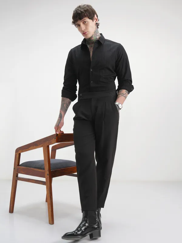 Highlander Men Black Self Design Slim Fit Casual Shirt