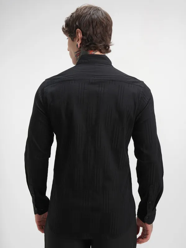Highlander Men Black Self Design Slim Fit Casual Shirt