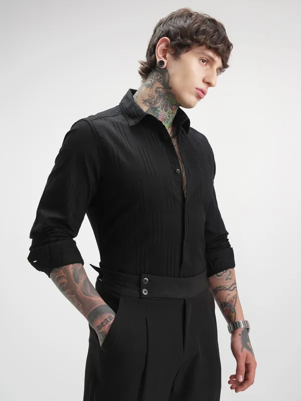 Highlander Men Black Self Design Slim Fit Casual Shirt