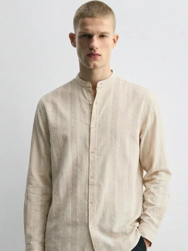 Highlander Men Beige Striped Slim Fit Casual Shirt