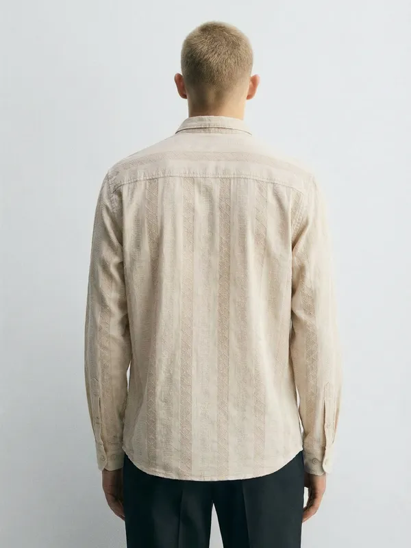 Highlander Men Beige Striped Slim Fit Casual Shirt