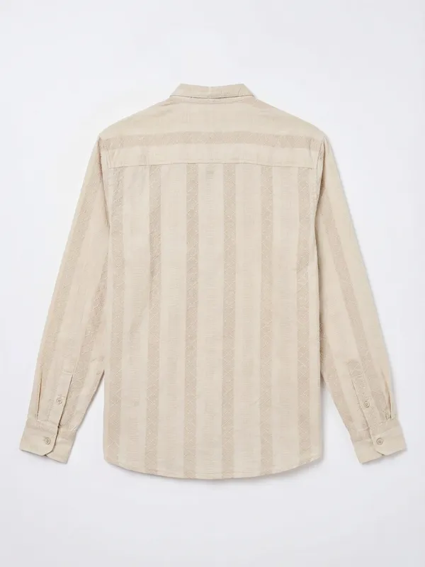Highlander Men Beige Striped Slim Fit Casual Shirt