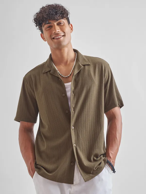 Highlander Men Brown Self Design Relaxed Fit Casual Shirt