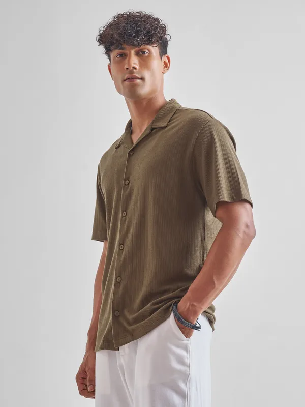 Highlander Men Brown Self Design Relaxed Fit Casual Shirt