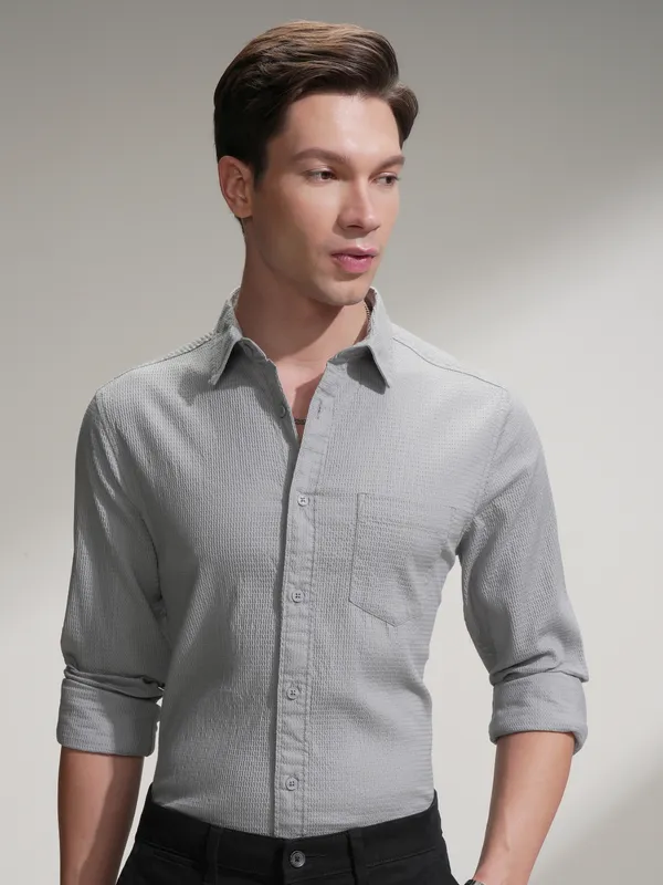 Highlander Men Grey Self Design Slim Fit Casual Shirt