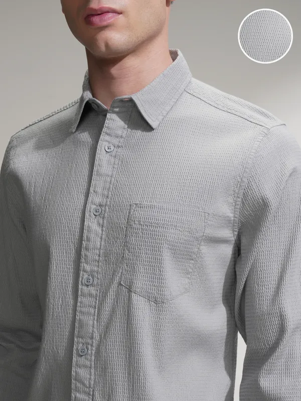 Highlander Men Grey Self Design Slim Fit Casual Shirt
