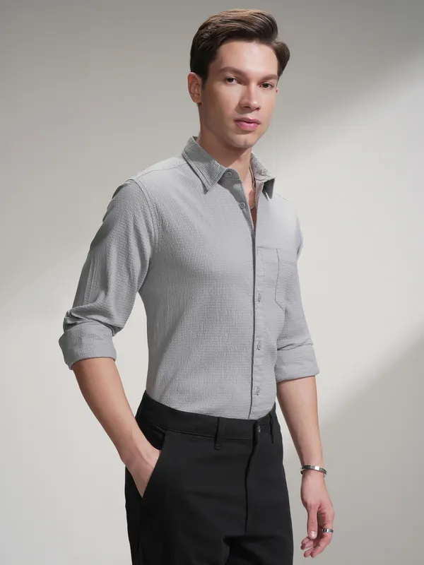 Highlander Men Grey Self Design Slim Fit Casual Shirt