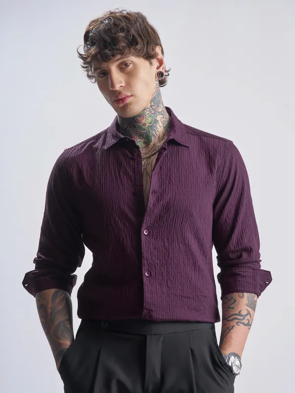 Highlander Men Purple Self Design Slim Fit Casual Shirt