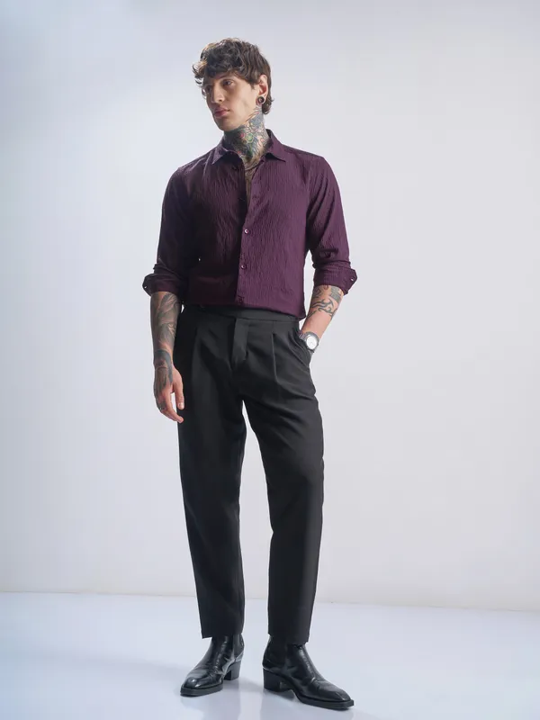 Highlander Men Purple Self Design Slim Fit Casual Shirt