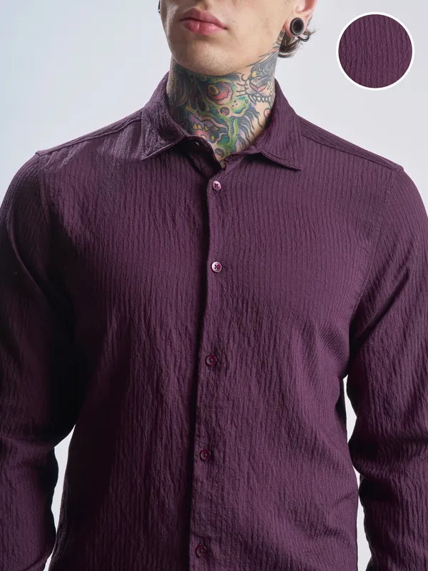 Highlander Men Purple Self Design Slim Fit Casual Shirt