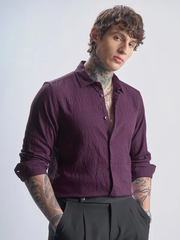 Highlander Men Purple Self Design Slim Fit Casual Shirt