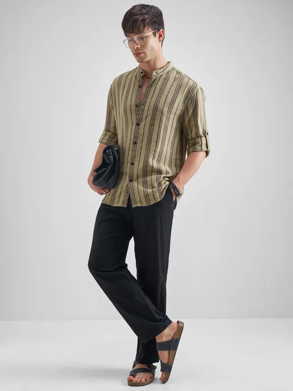 Highlander Men Khaki Striped Relaxed Fit Casual Shirt