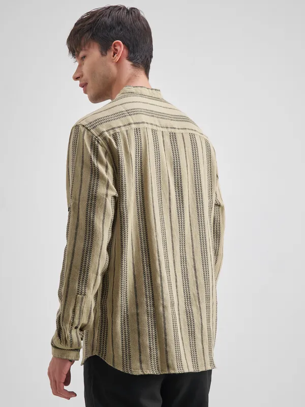 Highlander Men Khaki Striped Relaxed Fit Casual Shirt