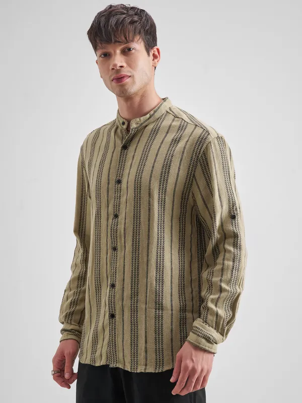 Highlander Men Khaki Striped Relaxed Fit Casual Shirt