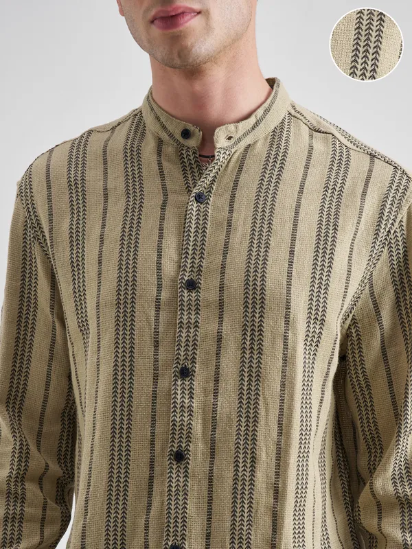 Highlander Men Khaki Striped Relaxed Fit Casual Shirt