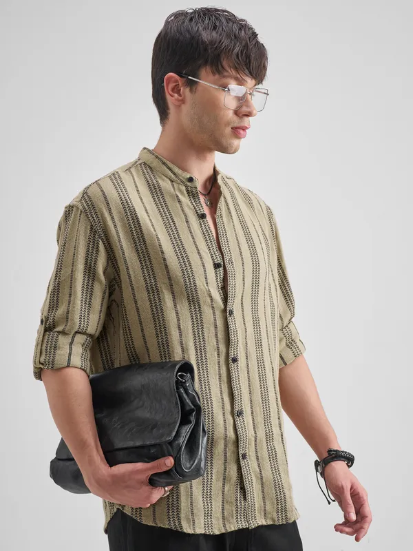 Highlander Men Khaki Striped Relaxed Fit Casual Shirt