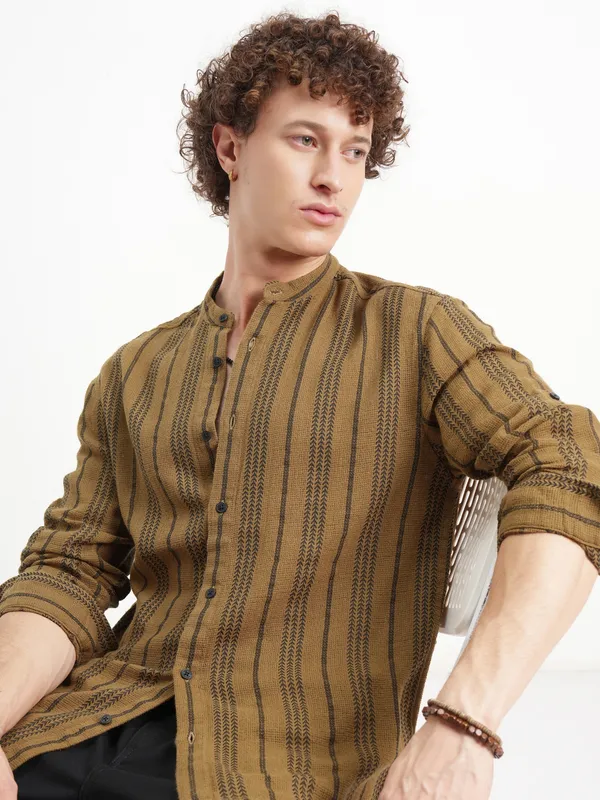 Highlander Men Mustard Striped Relaxed Fit Casual Shirt