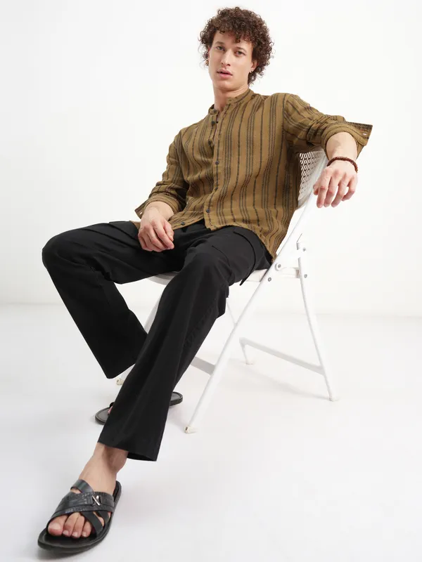 Highlander Men Mustard Striped Relaxed Fit Casual Shirt