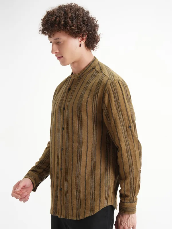 Highlander Men Mustard Striped Relaxed Fit Casual Shirt