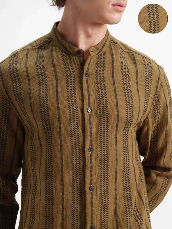 Highlander Men Mustard Striped Relaxed Fit Casual Shirt