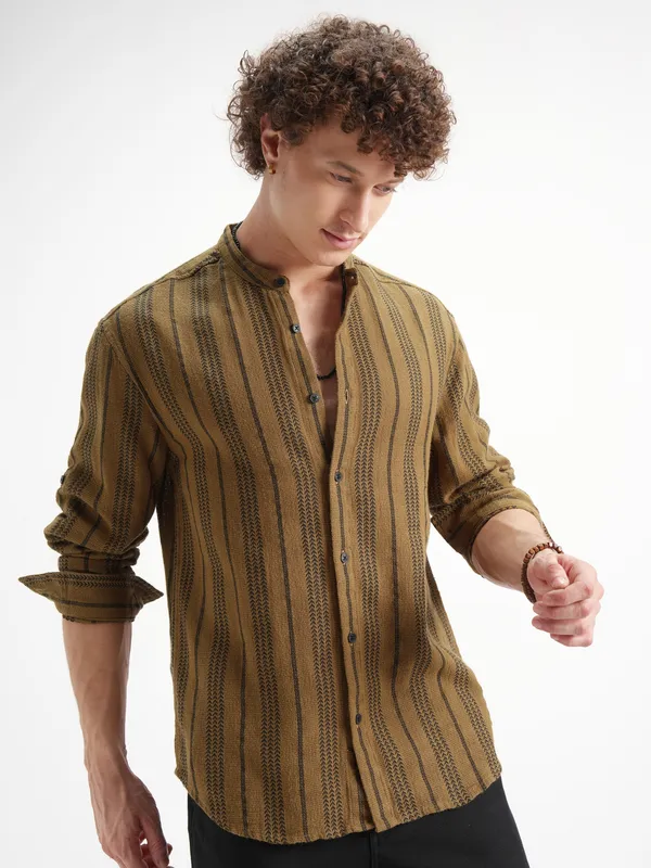 Highlander Men Mustard Striped Relaxed Fit Casual Shirt