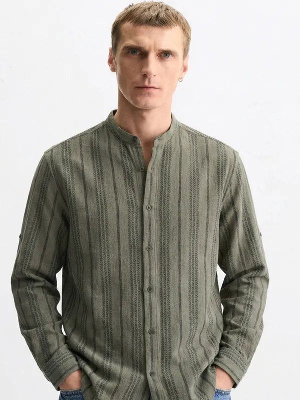 Highlander Men Olive Striped Relaxed Fit Casual Shirt