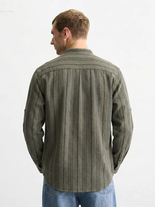 Highlander Men Olive Striped Relaxed Fit Casual Shirt