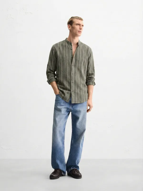 Highlander Men Olive Striped Relaxed Fit Casual Shirt