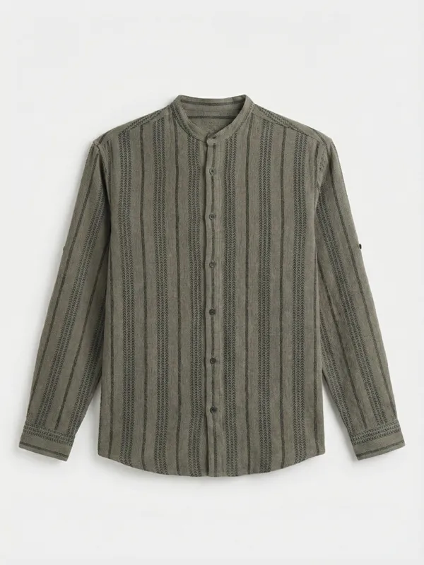 Highlander Men Olive Striped Relaxed Fit Casual Shirt