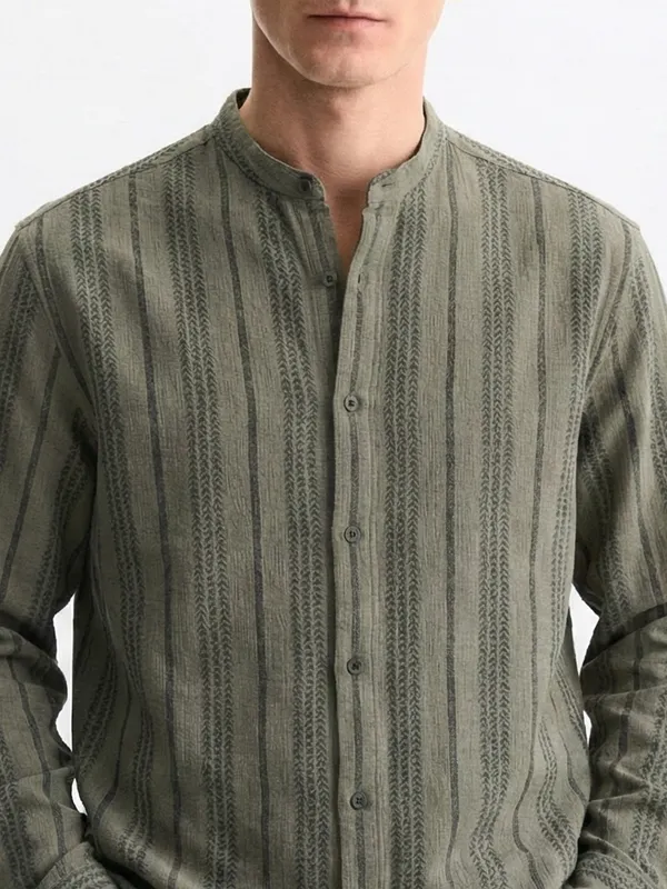 Highlander Men Olive Striped Relaxed Fit Casual Shirt