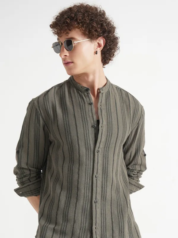 Highlander Men Olive Striped Relaxed Fit Casual Shirt