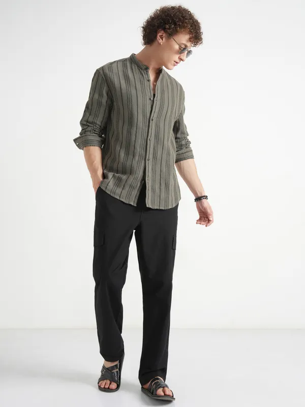 Highlander Men Olive Striped Relaxed Fit Casual Shirt