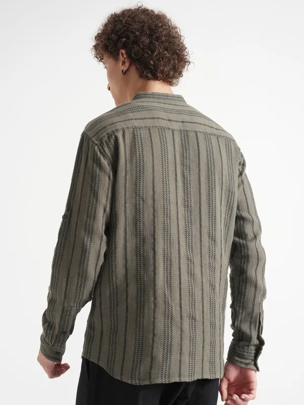 Highlander Men Olive Striped Relaxed Fit Casual Shirt