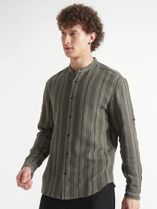 Highlander Men Olive Striped Relaxed Fit Casual Shirt