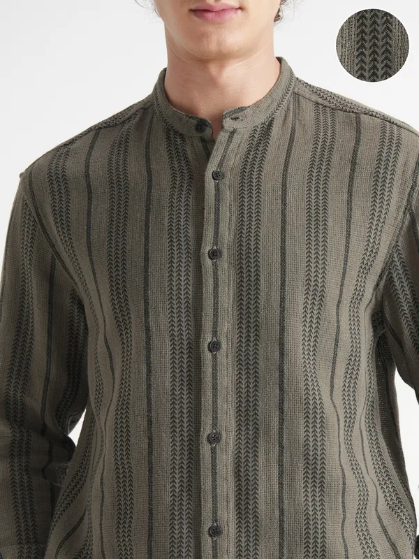 Highlander Men Olive Striped Relaxed Fit Casual Shirt