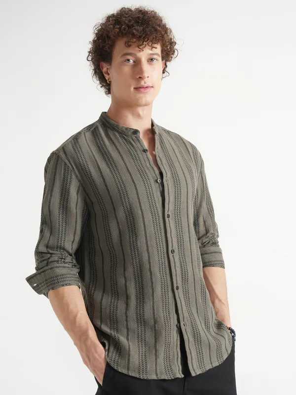 Highlander Men Olive Striped Relaxed Fit Casual Shirt