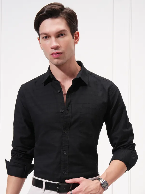 Highlander Men Black Self Design Slim Fit Casual Shirt