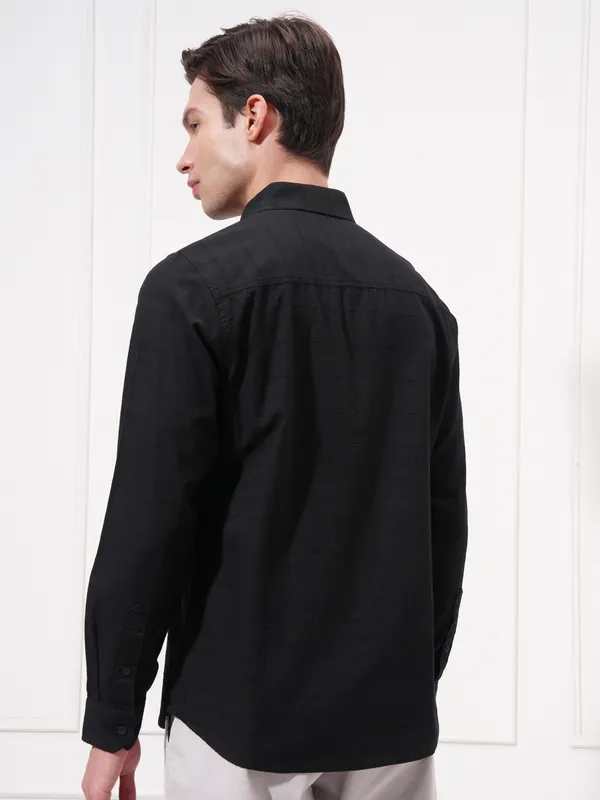 Highlander Men Black Self Design Slim Fit Casual Shirt
