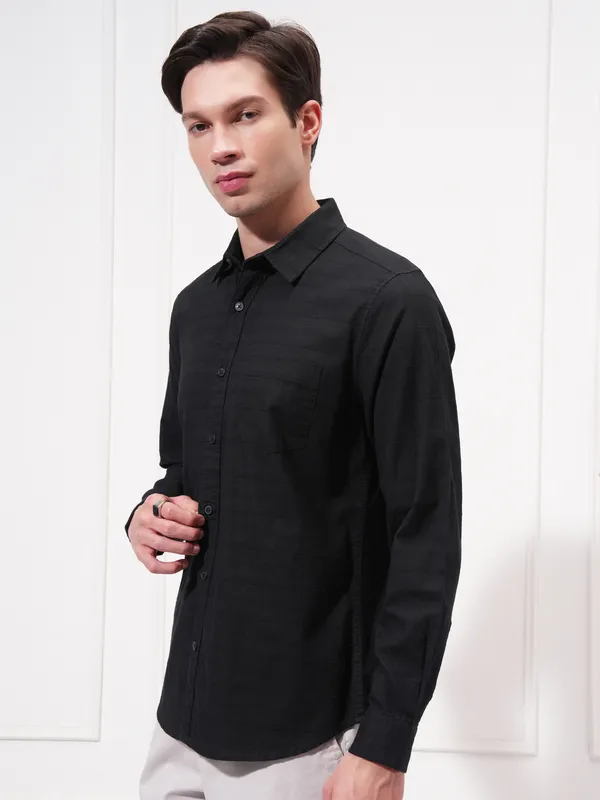 Highlander Men Black Self Design Slim Fit Casual Shirt