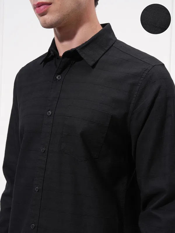 Highlander Men Black Self Design Slim Fit Casual Shirt