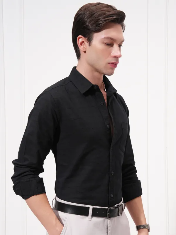 Highlander Men Black Self Design Slim Fit Casual Shirt