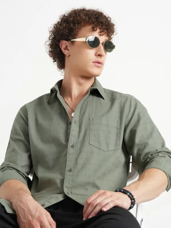 Highlander Men Green Self Design Slim Fit Casual Shirt