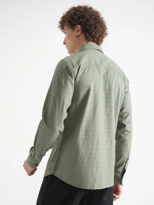 Highlander Men Green Self Design Slim Fit Casual Shirt