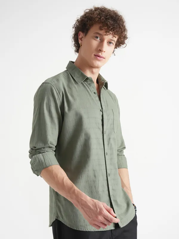 Highlander Men Green Self Design Slim Fit Casual Shirt