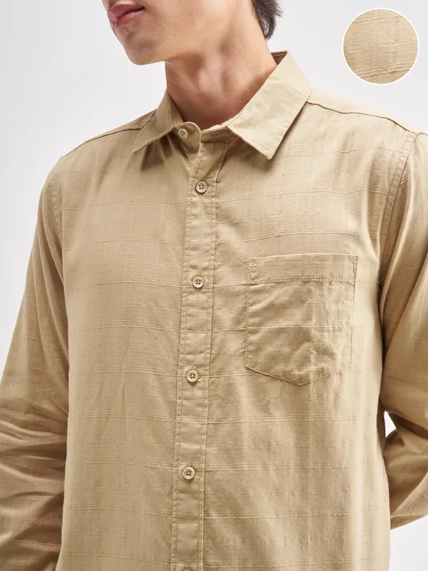 Highlander Men Beige Self Design Regular Fit Casual Shirt