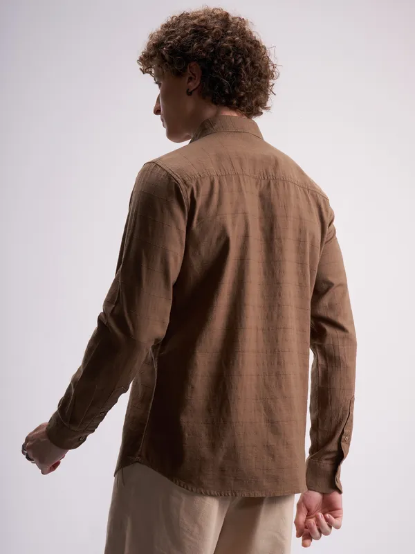 Highlander Men Brown Self Design Slim Fit Casual Shirt