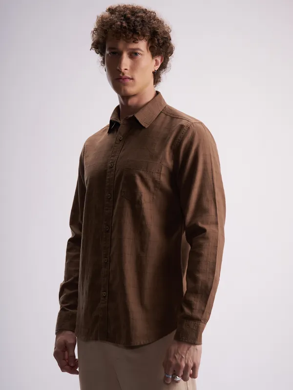 Highlander Men Brown Self Design Slim Fit Casual Shirt