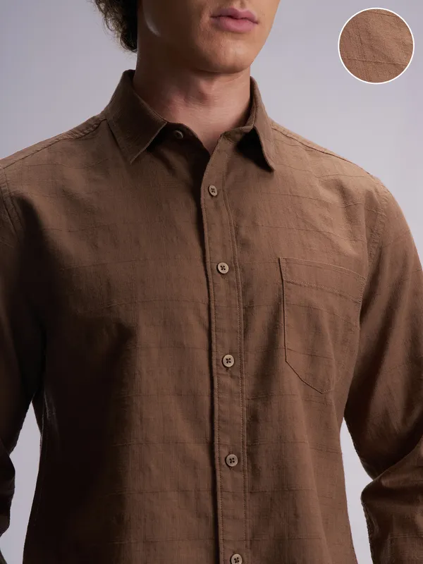 Highlander Men Brown Self Design Slim Fit Casual Shirt
