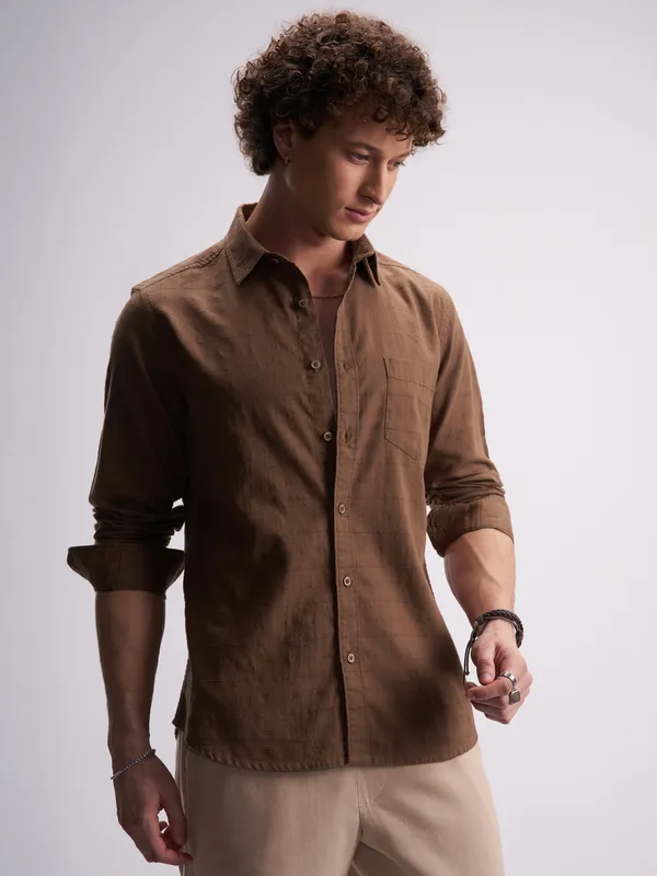 Highlander Men Brown Self Design Slim Fit Casual Shirt